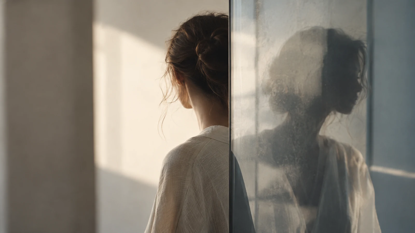 Mujer observando su reflejo a través de un cristal, imagen conceptual sobre psicoterapia psicoanalítica