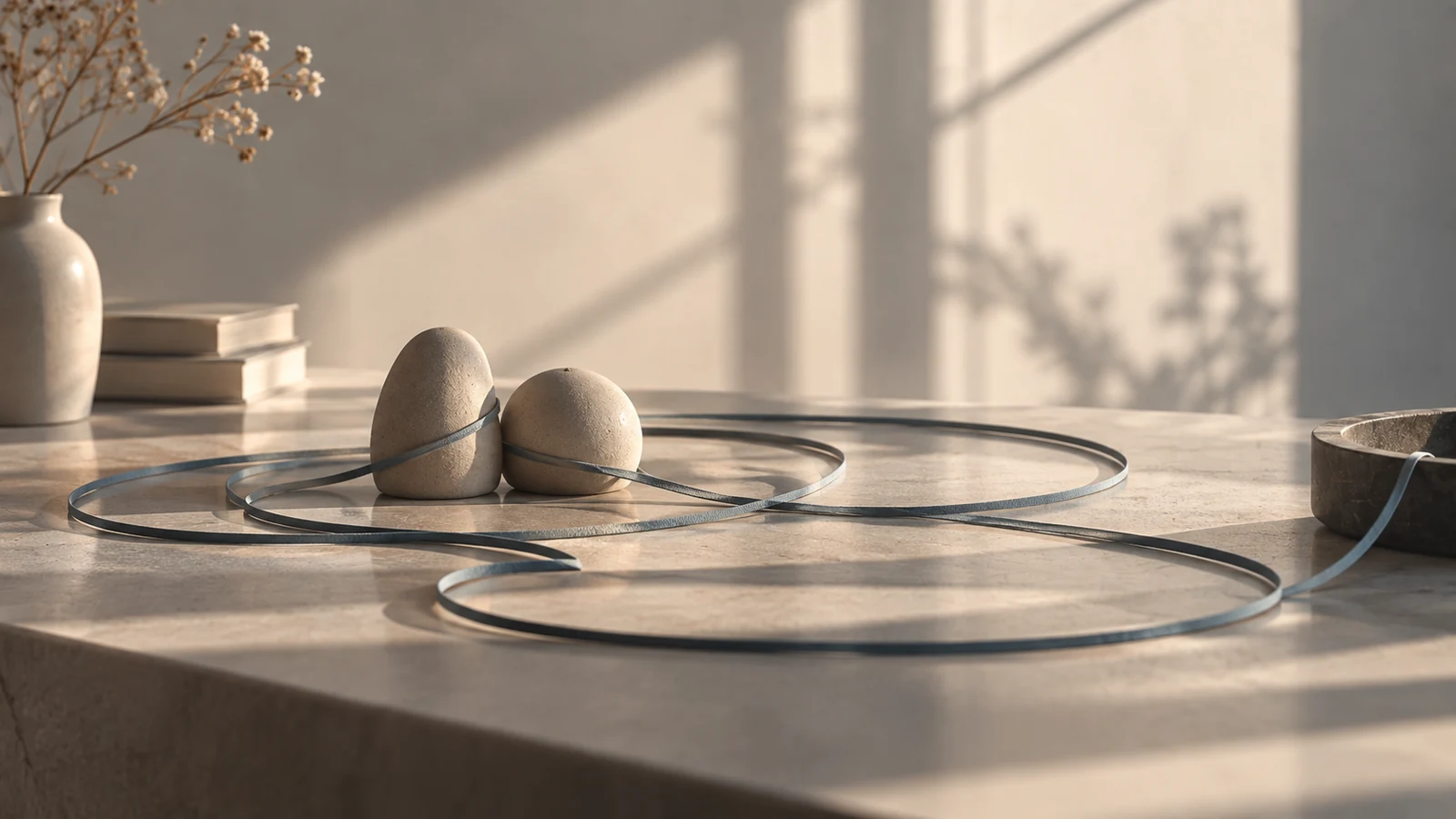 Dos piedras unidas por un cordón que traza círculos sobre una mesa, metáfora de los patrones que se repiten en las relaciones