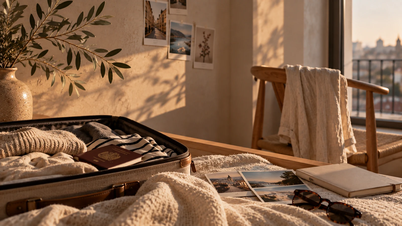 Maleta abierta con ropa, objetos personales y fotografías junto a una ventana, imagen conceptual sobre hacer terapia lejos del país de origen